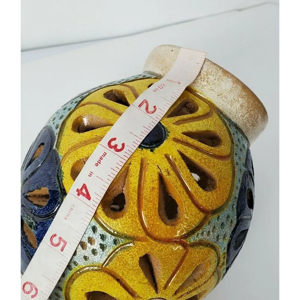Hand Painted Art Pottery Vase Yellow Cut Out Floral Design‎ 6